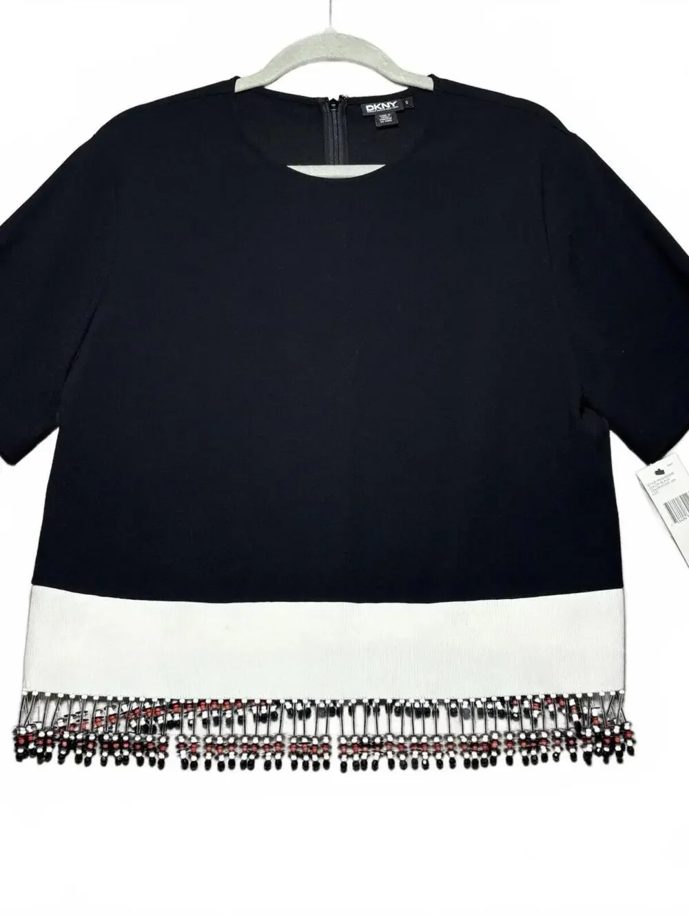 DKNY Donna Karan Black & Off White Contrast Beaded Box Blouse Top Small NWT $335